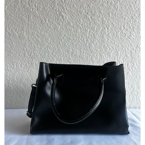 Women Black Faux Leather Satchel Bag With Double Top Handle Zipper Handbag - Picture 1 of 9